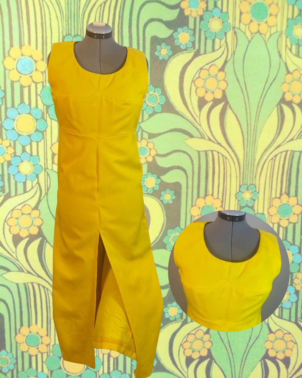 Volup Vintage 70s Groovy Hippy Mod Neon Yellow Front Back Slit Maxi Dress XL